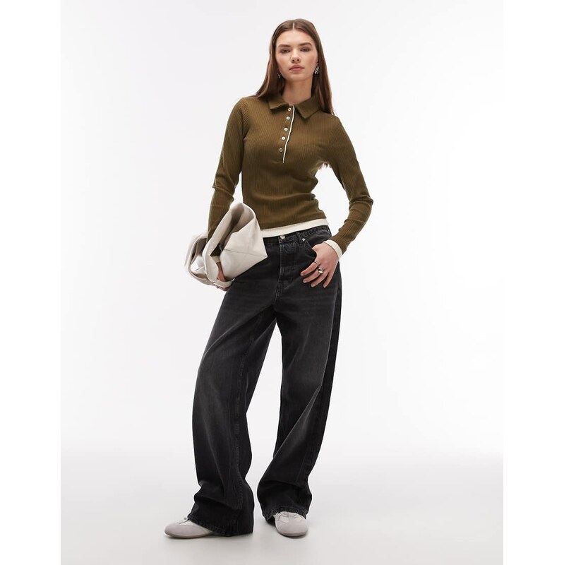 ASOS DESIGN double layer collared button front polo top in khaki