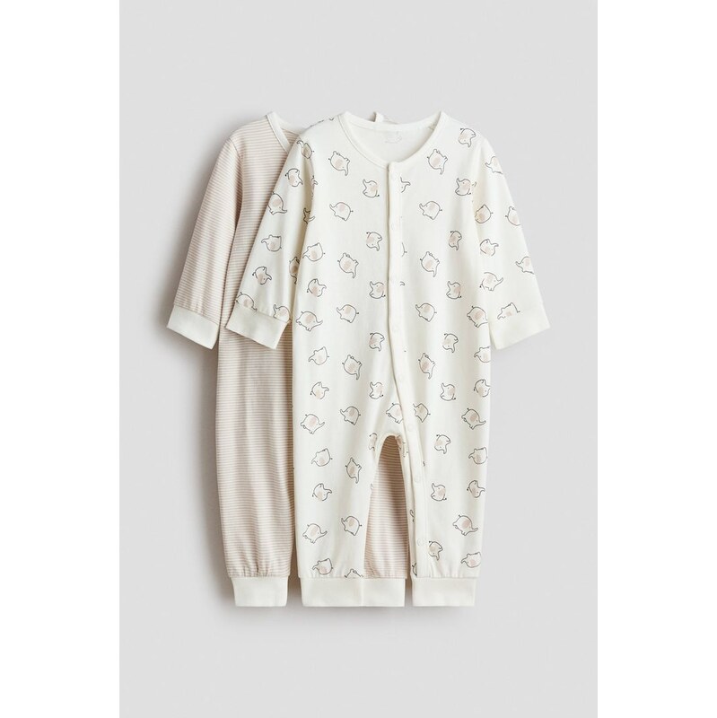 H&M - Bavlněný pyžamový overal 2 kusy - Světle Béžová/Sloni