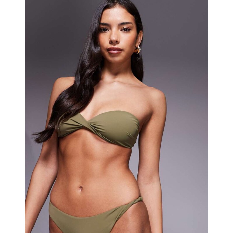 ASOS DESIGN Tina Twisted paper touch bandeau bikini top in khaki-Green 115515352