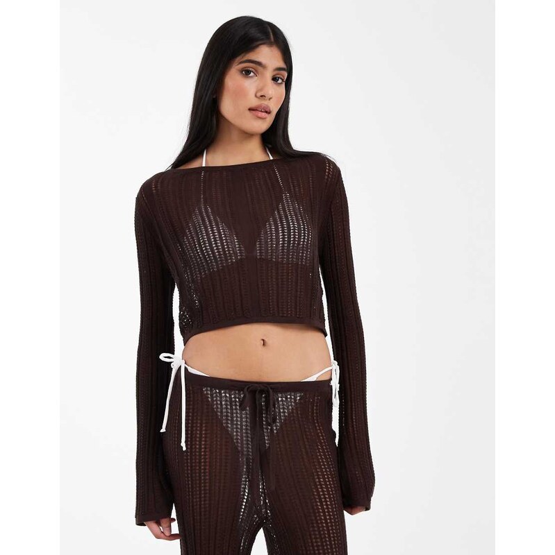 ASOS DESIGN Polly pointelle lattice back top in chocolate-Brown