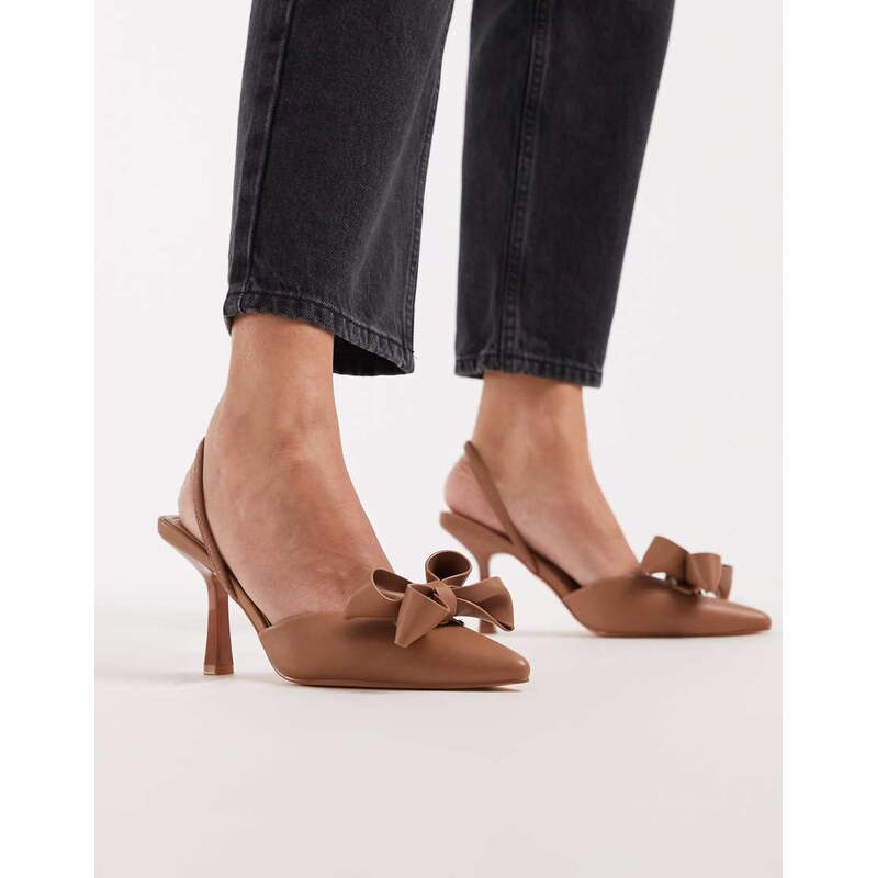 SEQWL Salado sling back block heeled shoe with bow detail in tan
