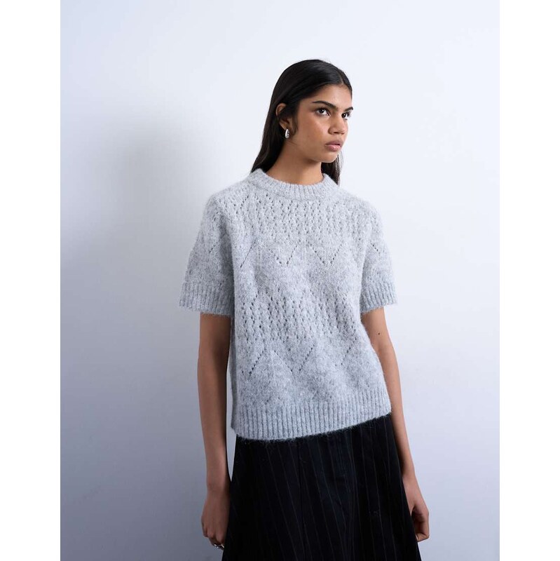 Topshop knitted relaxed fit short sleeve t-shirt top in light grey 112676747