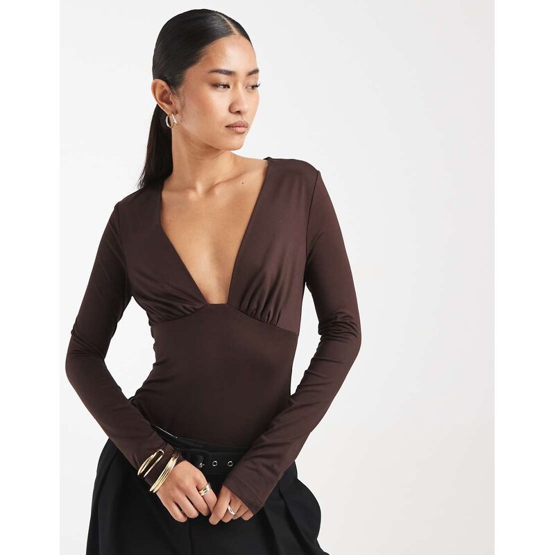 4th & Reckless slinky long sleeve plunge bodysuit in chocolate-Brown 115518239