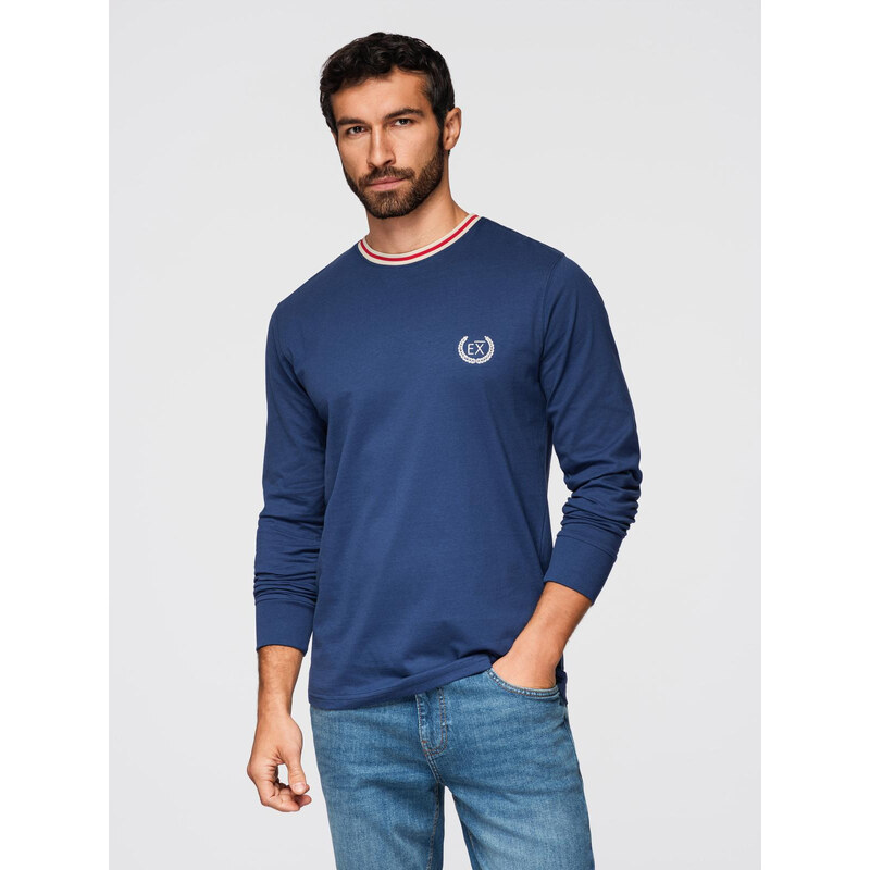 Ombre Mens cotton longsleeve with striped U neckline and