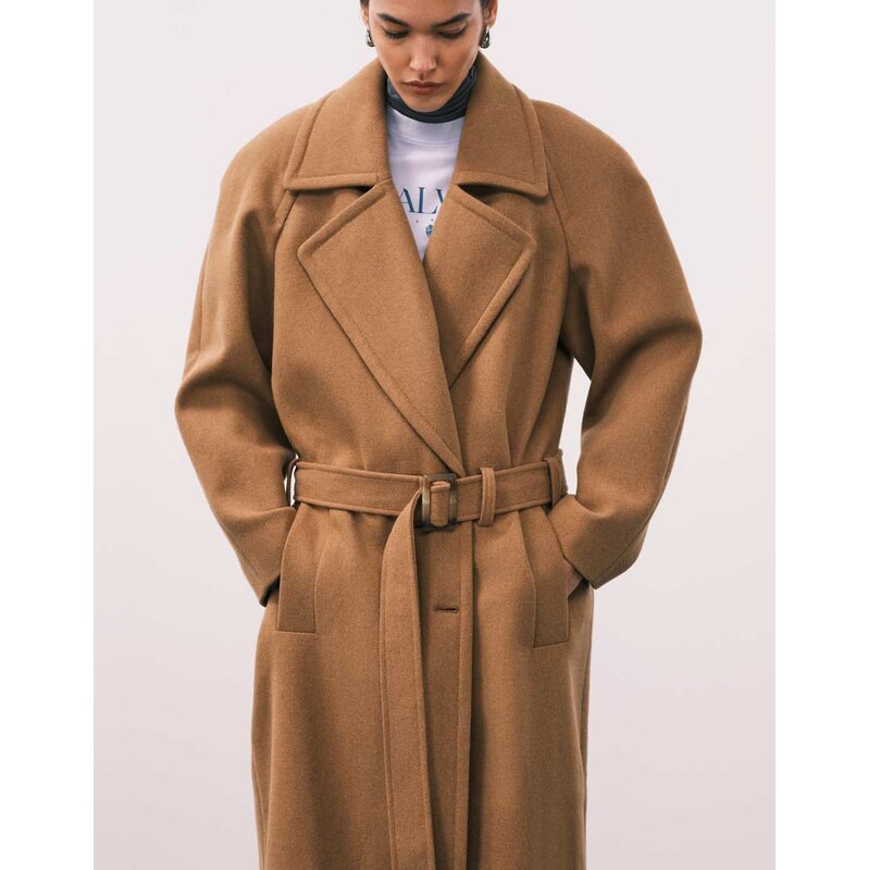 ASOS DESIGN wool blend strong shoulder coat with low belt in biscuit-Brown