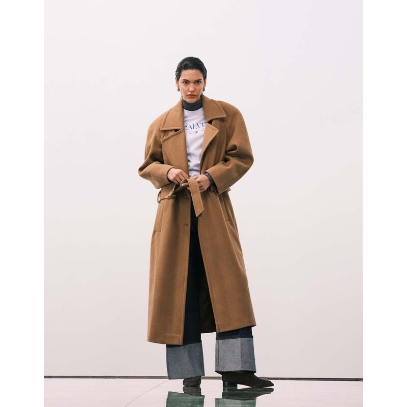 ASOS DESIGN wool blend strong shoulder coat with low belt in biscuit-Brown