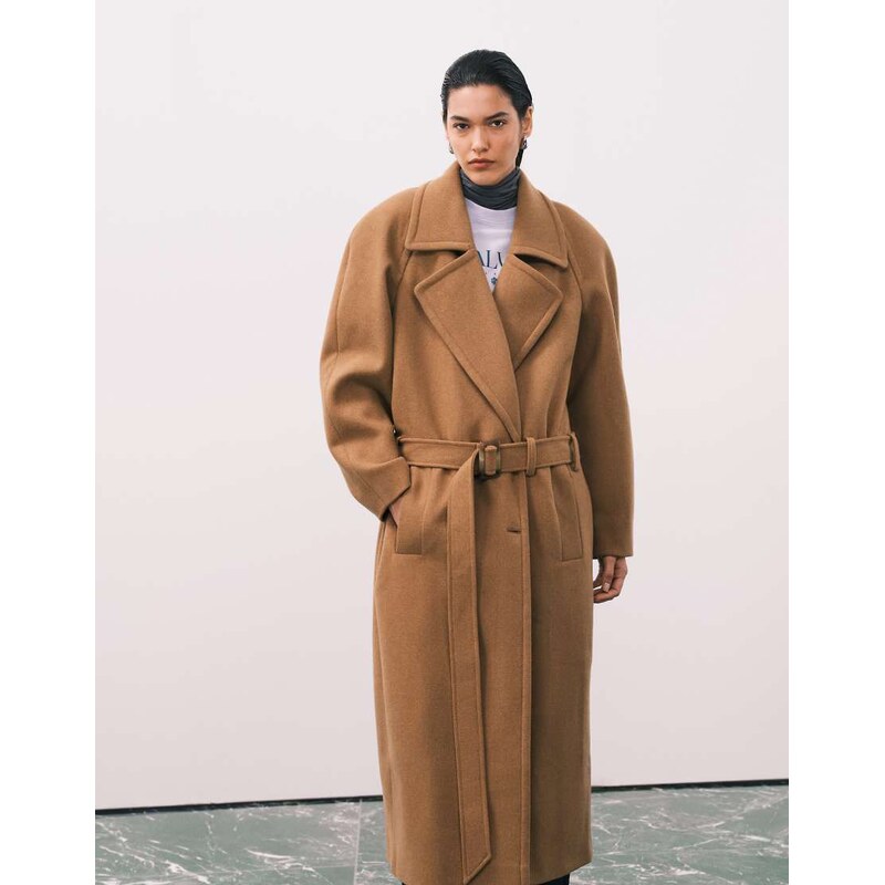 ASOS DESIGN wool blend strong shoulder coat with low belt in biscuit-Brown