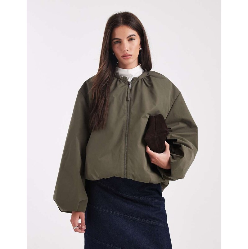 ASOS DESIGN oversized bubble hem bomber jacket in olive-Green 112637543