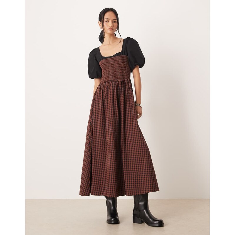 ASOS DESIGN shirred bodice maxi dress with puff sleeve in