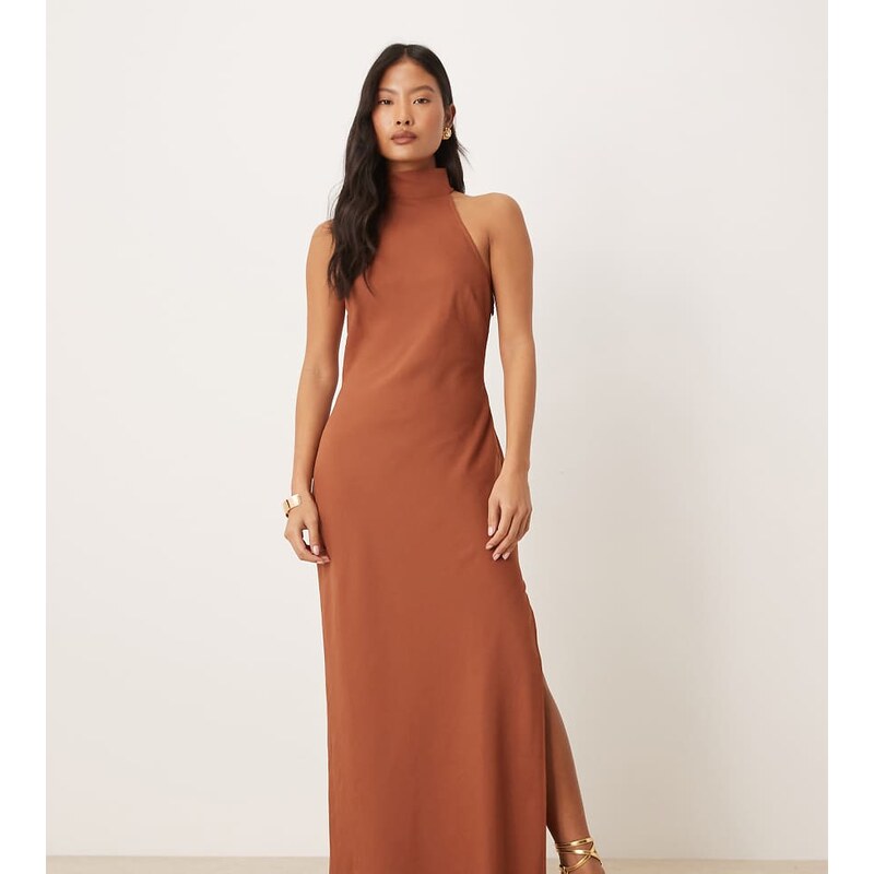 ASOS Petite ASOS DESIGN Petite chiffon high neck midi dress in rust 115516494