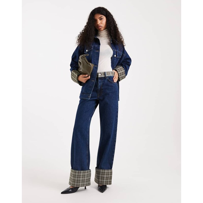 ASOS DESIGN wide leg jean with check print turn ups in indigo