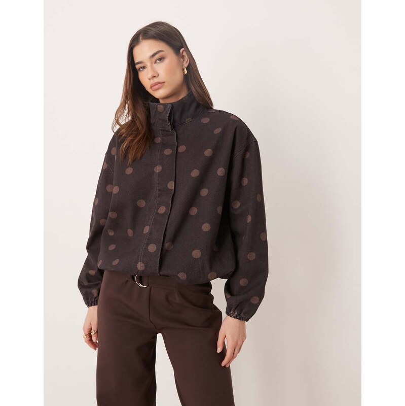 ASOS DESIGN denim funnel neck jacket in chocolate polka dot