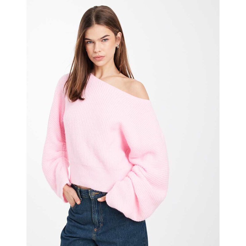 ASOS DESIGN knitted ruched sleeve jumper in pink