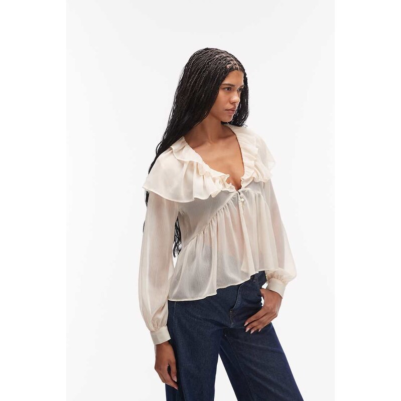 ASOS DESIGN chiffon cape blouse with frills in cream-White