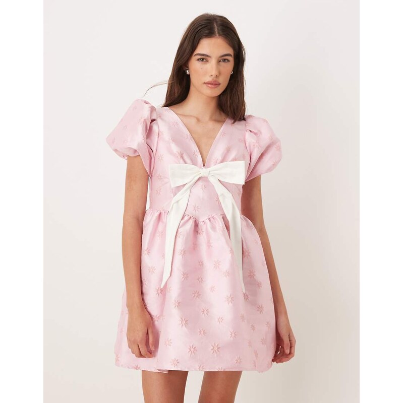 Sister Jane exclusive v neck puff sleeve bow mini dress in pink