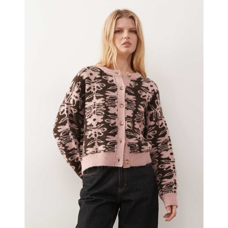 Reclaimed Vintage knitted boxy cardigan with tapestry print in pink 112637738