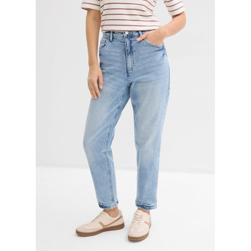 bonprix Mom džíny High Waist, malý podíl streče, zkrácené modrá