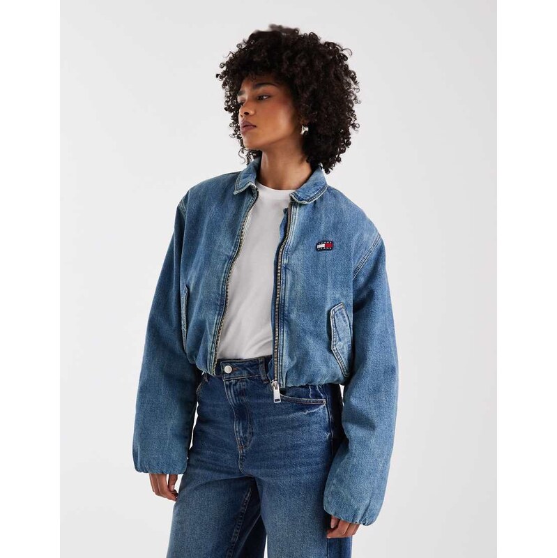 Tommy Jeans padded harrington denim jacket in mid wash blue 112639965