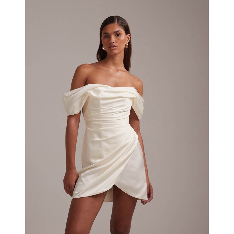 ASOS DESIGN satin off shoulder mini dress in ivory-White