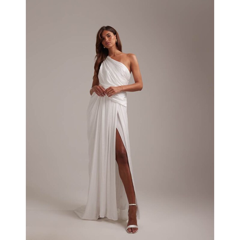ASOS DESIGN one shoulder grecian wedding dress in ivory-White