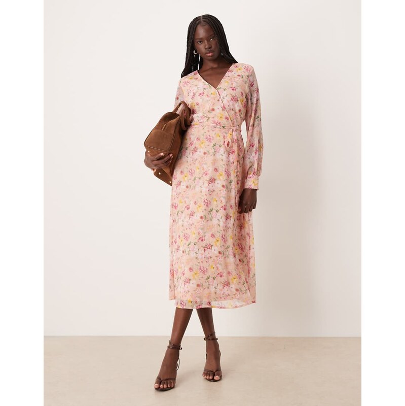 Vila long sleeve v-neck midi dress in soft floral-Pink