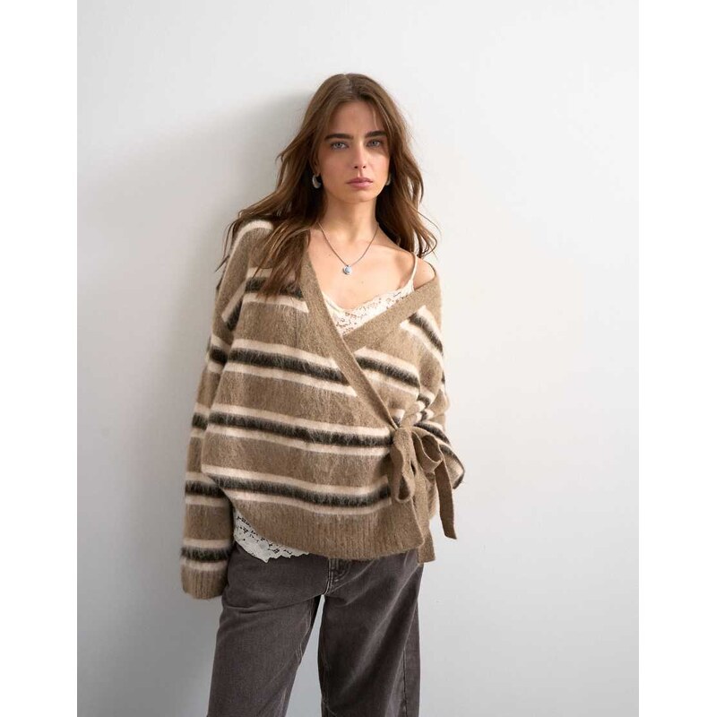 Topshop knitted fluffy stripe wrap tie cardigan in neutral