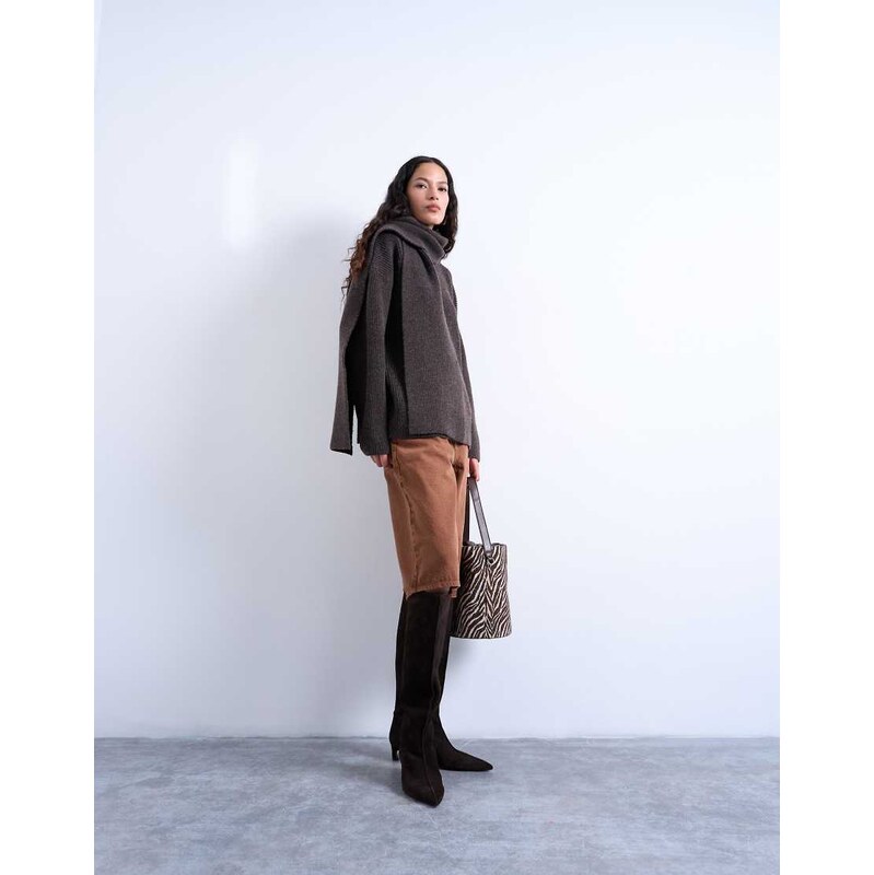 Topshop knitted oversized jumper with scarf in chocolate-Brown