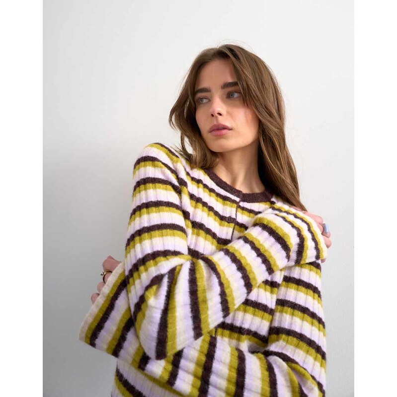 Topshop knitted ribbed stripe button cardigan in multi