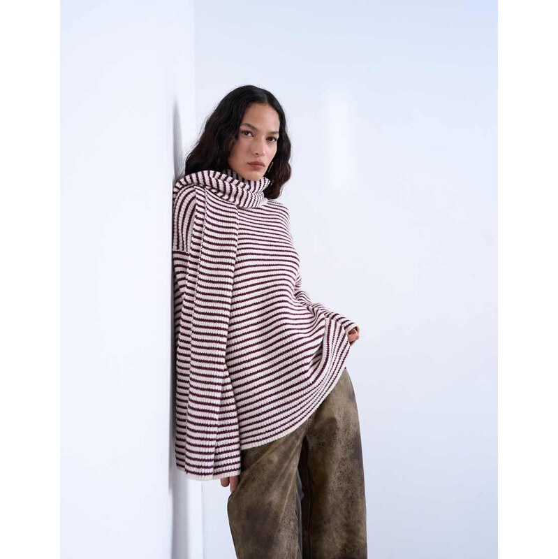 Topshop knitted stripe oversized jumper with scarf in plum-Purple 115520681