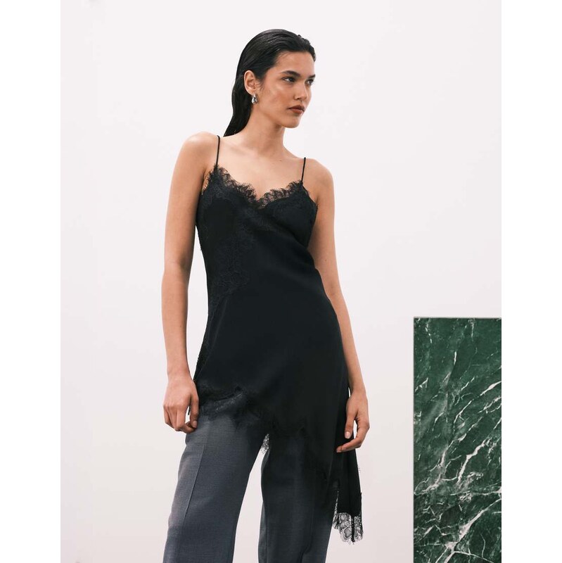 Mango asymmetric hem longline satin cami top with lace edge in black 112640057