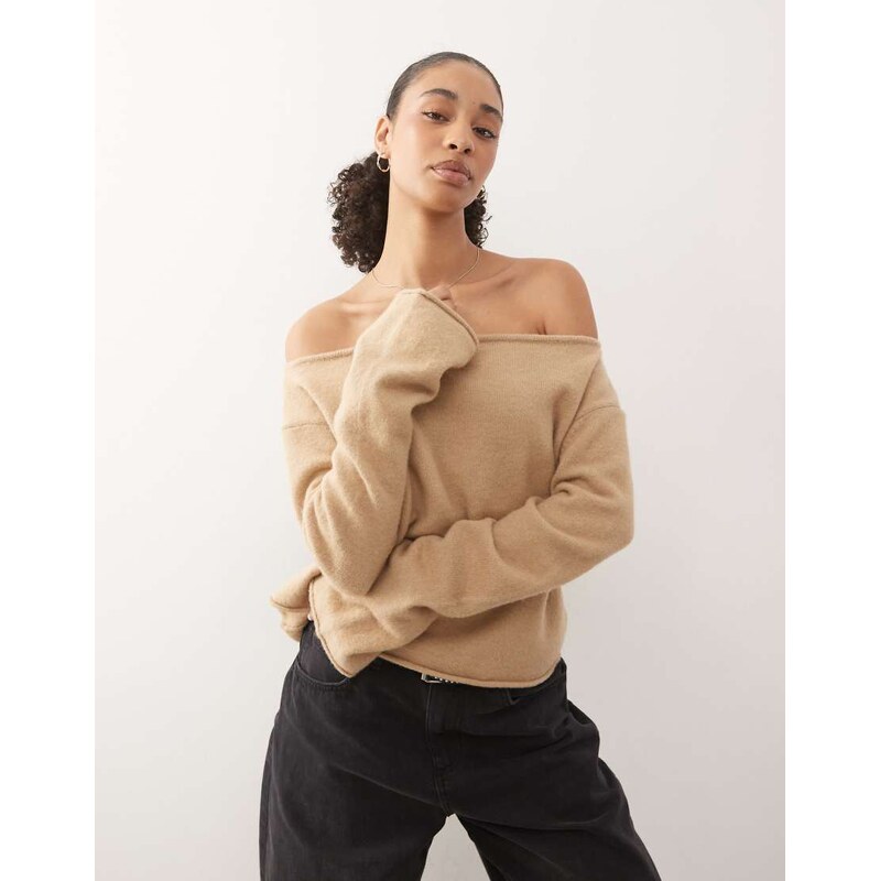 Monki relaxed off shoulder knitted jumper in beige-Neutral 112640060