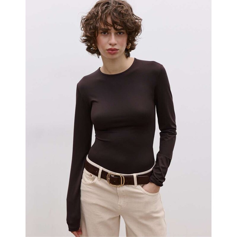 Stradivarius Long sleeve polyamide bodysuit in brown 112640082