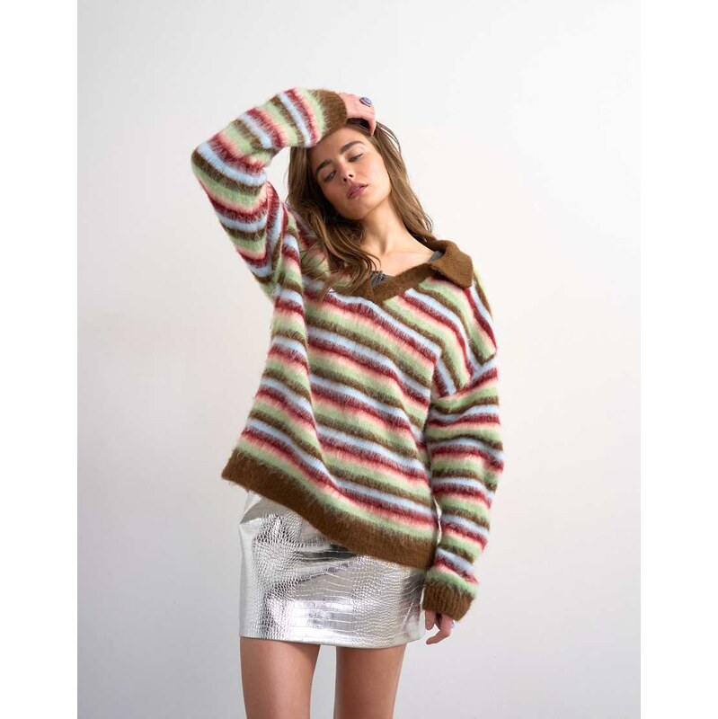 Topshop knitted fluffy stripe polo jumper in multi