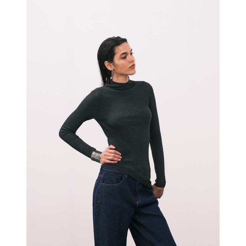 Mango high neck asymmetric knitted top in charcoal-Grey 112640211