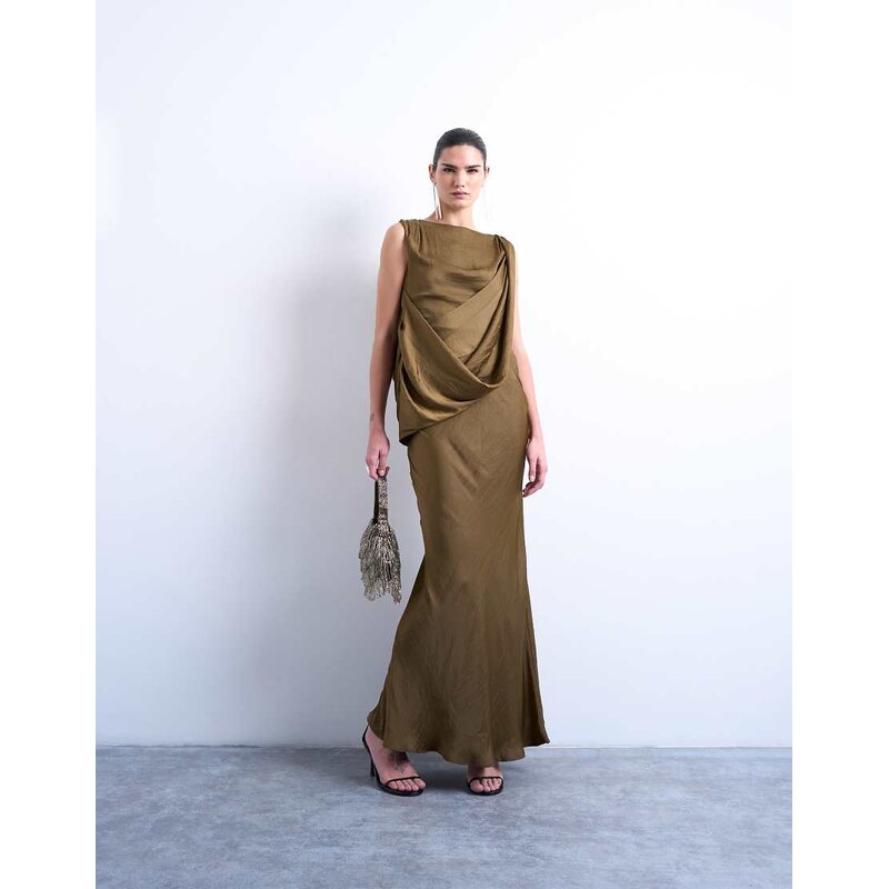 Topshop satin slash neck draped cowl front maxi in olive-Green 115695648