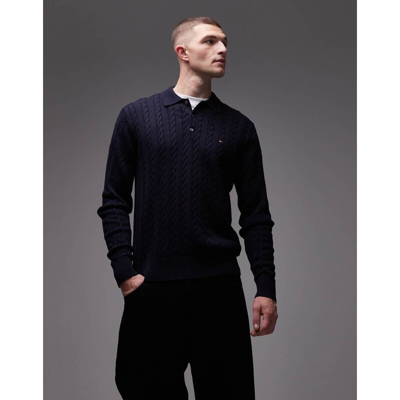 Tommy Hilfiger cable knit long sleeve polo in navy