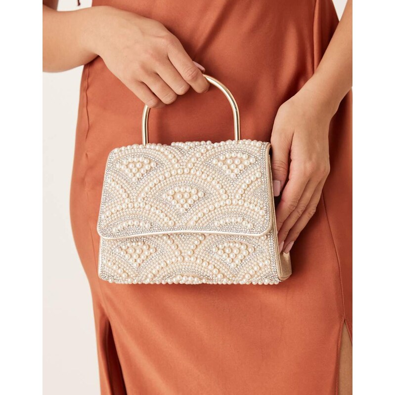 True Decadence pearl embellished top handle bag in cream-White