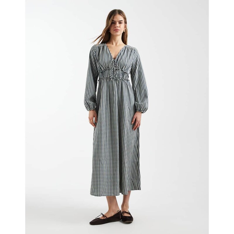 Vero Moda tie front long sleeve maxi dress in navy and white