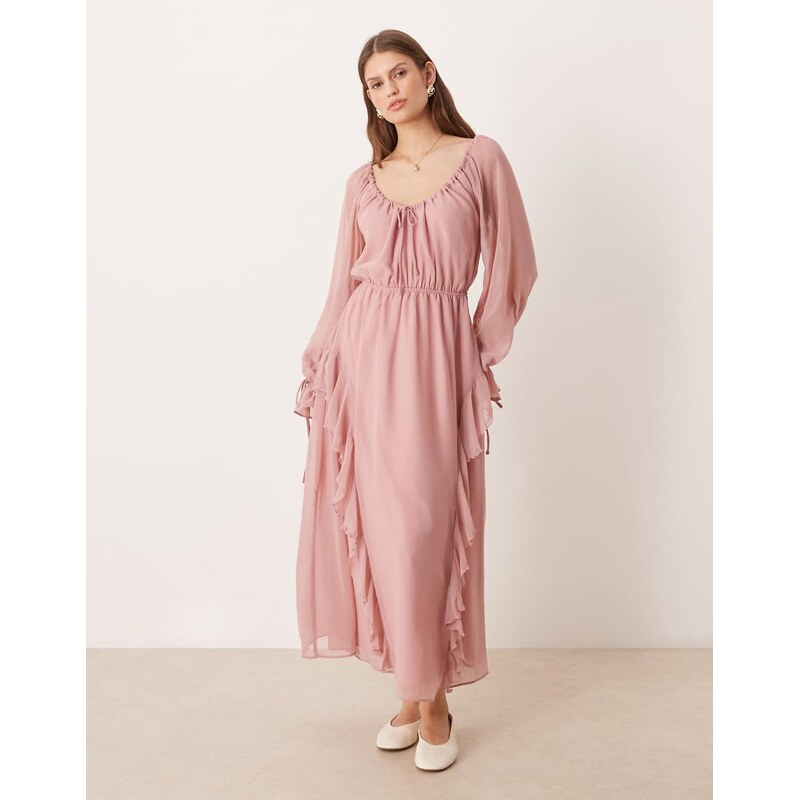 Glamorous boho ruffle chiffon midaxi dress in pink blush