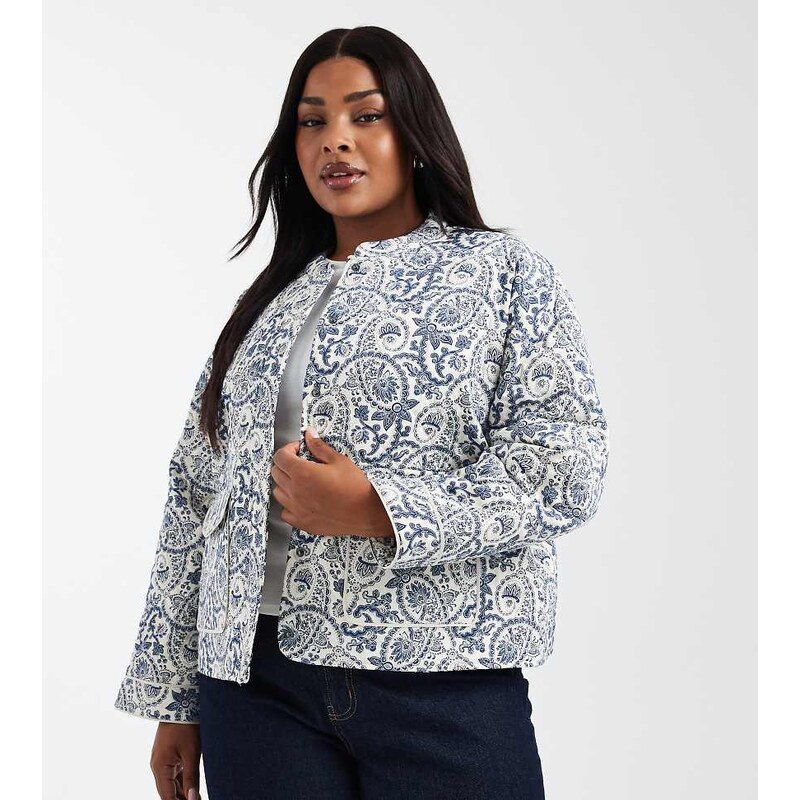ONLY Curve quilted jacket in blue jacquard print