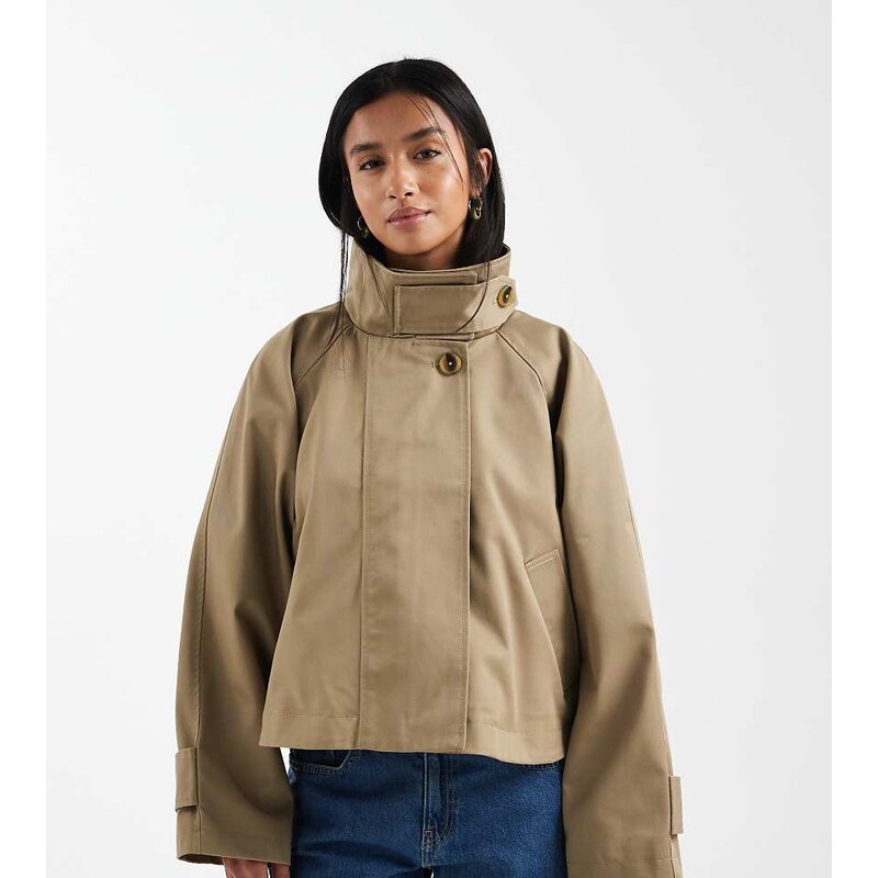 ASOS Petite ASOS DESIGN Petite cropped cape detail trench coat in rye 113062499