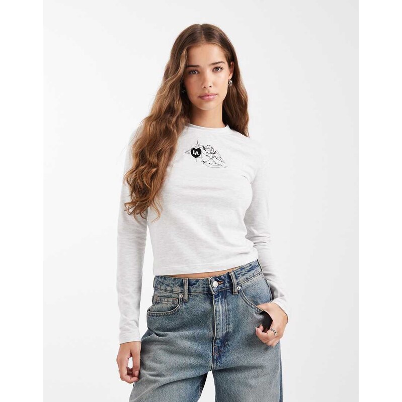 Daisy Street long sleeve baby tee with angel graphic in grey marle 112650468