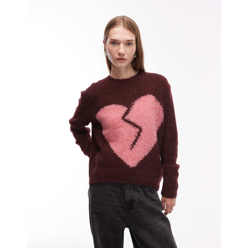 Allsaints luvheart crew jumper in red and pink