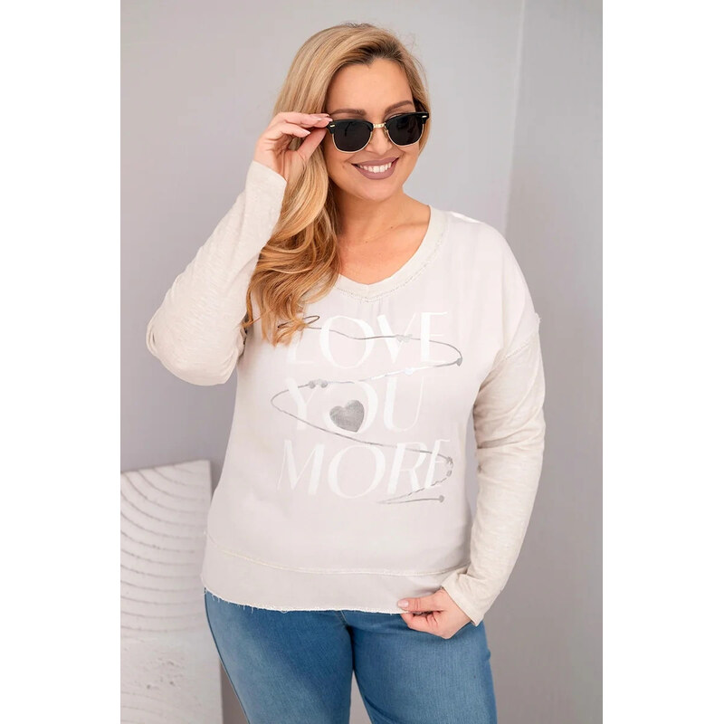 K-Fashion Dámská blůza Plus Size s potiskem Love You More béžová