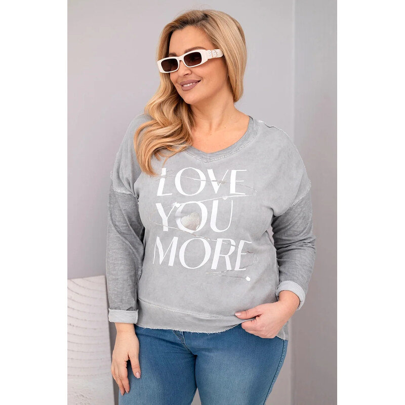 K-Fashion Dámská blůza Plus Size s potiskem Love You More šedá