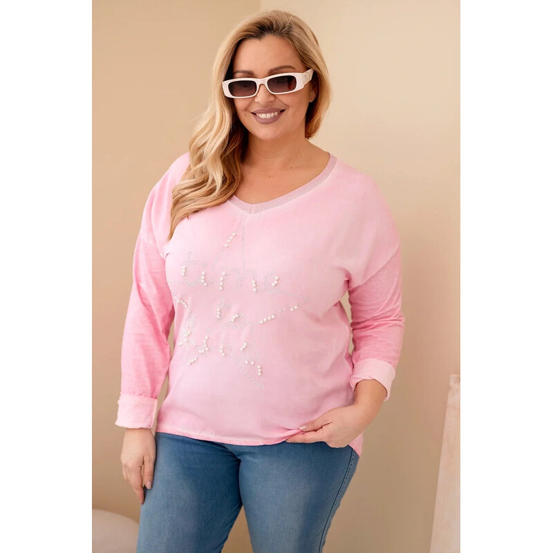 K-Fashion Dámská blůza Plus Size s potiskem a perlami světle