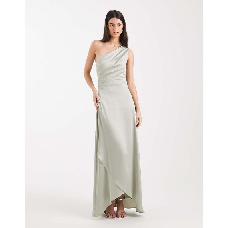 TFNC Bridesmaid satin one shoulder wrap skirt maxi dress in sage