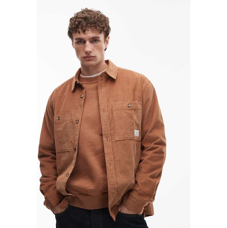 ASOS DESIGN cord overshirt with badge in brown