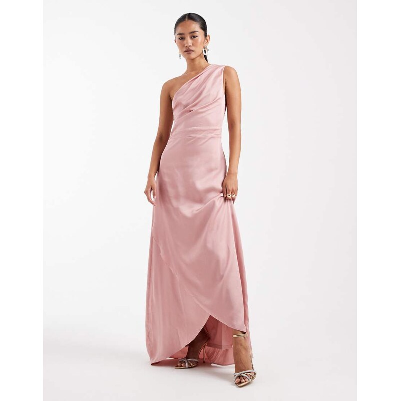 TFNC Bridesmaid satin one shoulder wrap skirt maxi dress in pink 115518367