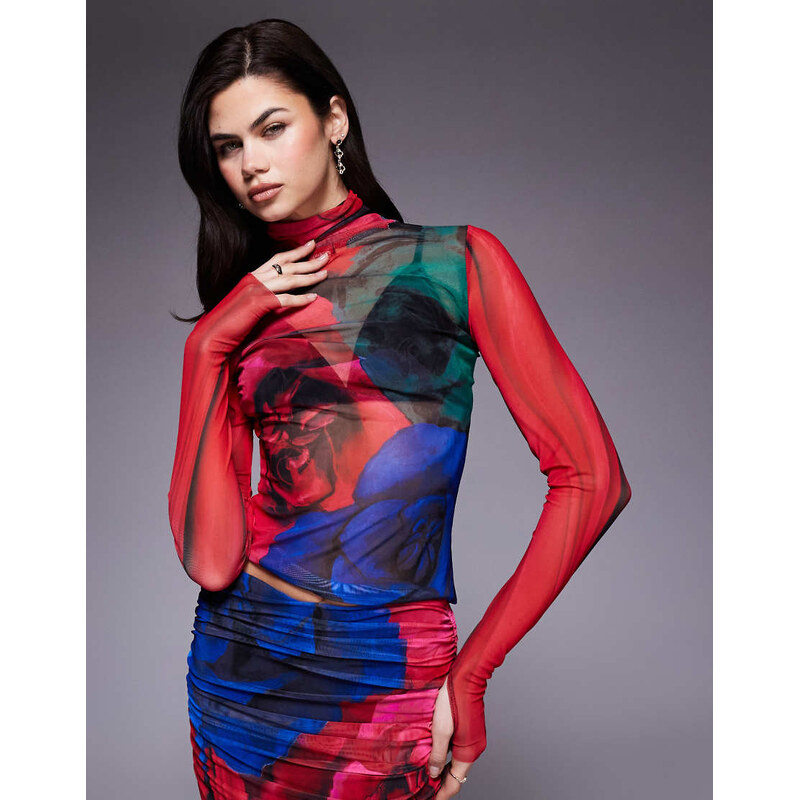 AFRM Zadie mesh high neck top co-ord in red blurred floral print